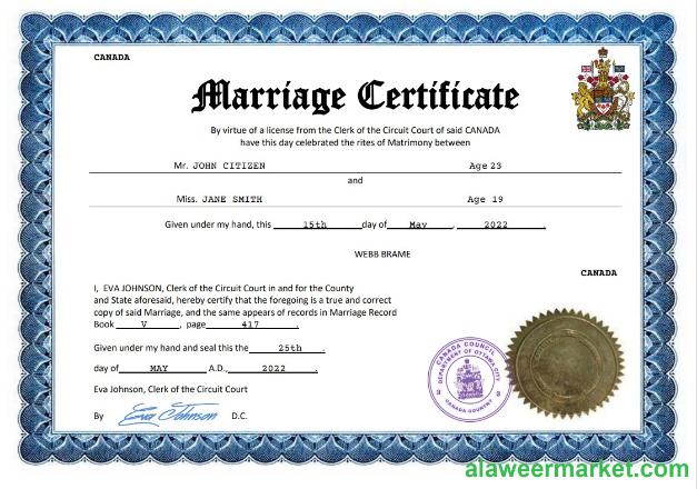 Canada marriage certificate Word and PDF template